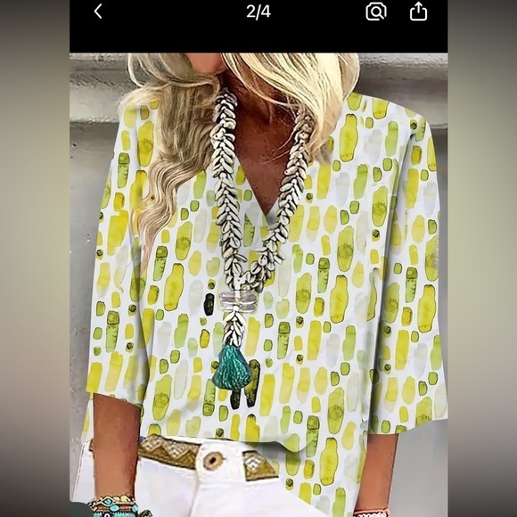 3/4 Sleeve  Geometric Print V-Neck  Yellow/Green & White - XL - Picture 1 of 5